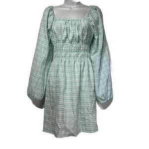Leyden Blue Plaid Checkered Smocked Boho Long Sleeve Mini Dress Size S
